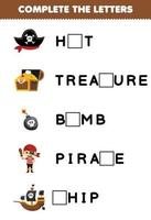 juego educativo para niños completar las letras de la hoja de trabajo imprimible de Halloween del barco pirata de la bomba del tesoro del sombrero de dibujos animados lindo vector