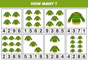 juego educativo para niños contando cuántos objetos en cada mesa de dibujos animados ropa portátil suéter verde hoja de trabajo imprimible vector