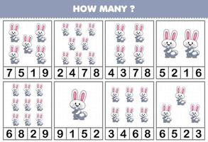 Education game for children counting how many objects in each table of cute cartoon rabbit animal printable worksheet vector