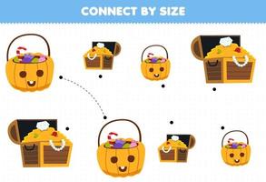 juego educativo para niños conectado por el tamaño del lindo cofre del tesoro de dibujos animados y la canasta de dulces hoja de trabajo imprimible de halloween vector