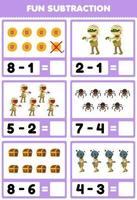 Education game for children fun subtraction by counting and eliminating cute cartoon coin spider chest mummy costume halloween printable worksheet vector