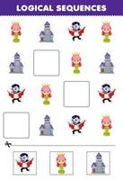 juego educativo para niños secuencias lógicas para niños con dibujos animados lindo castillo reina drácula imagen de disfraz hoja de trabajo imprimible de halloween vector