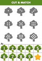 Educational game for kids count the dots on each silhouette and match them with the correct numbered green broccoli vegetables printable worksheet vector