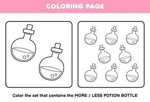 Education game for children coloring page more or less picture of cute cartoon potion bottle line art set halloween printable worksheet vector