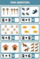 Education game for children fun addition by counting and sum of cute cartoon bird egg nest kennel dog printable farm worksheet vector