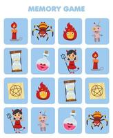Education game for children memory to find similar pictures of cute cartoon candle fire spider voodoo doll potion bottle devil girl costume halloween printable worksheet vector