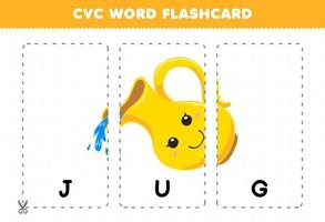 Education game for children learning consonant vowel consonant word with cute cartoon JUG pouring water illustration printable flashcard vector