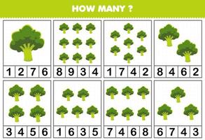 Education game for children counting how many objects in each table of cute cartoon broccoli vegetable printable worksheet vector