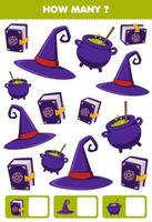 Education game for children searching and counting how many objects of cute cartoon wizard hat spell book cauldron halloween printable worksheet vector