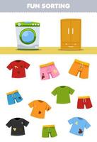 juego educativo para niños divertido clasificando camisetas limpias o sucias y pantalones de ropa para lavar en la lavadora o en el armario hoja de trabajo imprimible vector