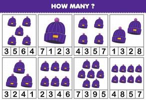 juego educativo para niños contando cuántos objetos en cada mesa de dibujos animados accesorios de ropa portátil hoja de trabajo imprimible gorro morado vector