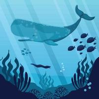 undersea blue whale and fishes vector