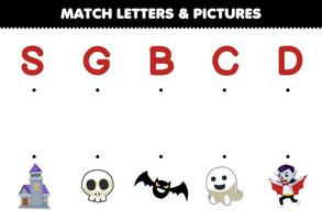 juego educativo para niños combina letras e imágenes de dibujos animados lindo castillo calavera murciélago fantasma drácula hoja de trabajo imprimible de halloween vector