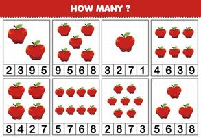 Education game for children counting how many objects in each table of cute cartoon apple fruit printable worksheet vector