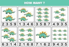 Education game for children counting how many objects in each table of cute cartoon prehistoric dinosaur stegosaurus printable worksheet vector
