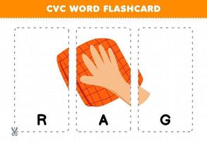 Education game for children learning consonant vowel consonant word with cute cartoon RAG illustration printable flashcard vector