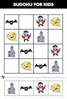 juego educativo para niños sudoku para niños con dibujos animados lindo murciélago luna castillo drácula disfraz halloween hoja de trabajo imprimible vector