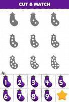 Educational game for kids count the dots on each silhouette and match them with the correct numbered purple eggplant vegetables printable worksheet vector