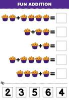 juego educativo para niños adición divertida cortando y combinando el número correcto para la hoja de trabajo imprimible de muffin de comida de dibujos animados vector