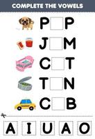 Education game for children complete the vowels of cute cartoon pup jam cot tin cab illustration printable worksheet vector