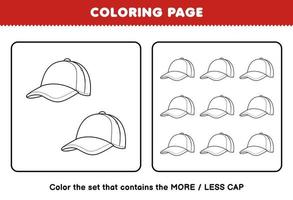 Education game for children coloring page more or less picture of cute cartoon wearable clothes cap line art set printable worksheet vector