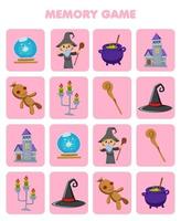 Education game for children memory to find similar pictures of cute cartoon magic orb cauldron castle voodoo doll candle hat staff wizard costume halloween printable worksheet vector