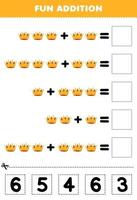 Education game for children fun addition by cut and match correct number for cartoon wearable accessories yellow crown printable worksheet vector