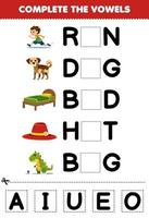Education game for children complete the vowels of cute cartoon run dog bed hat big illustration printable worksheet vector