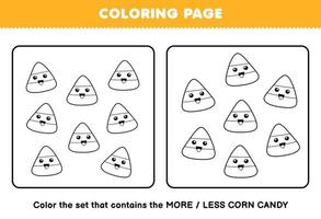 Education game for children coloring page more or less picture of cute cartoon corn candy line art set halloween printable worksheet vector