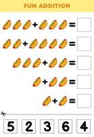 Education game for children fun addition by cut and match correct number for cartoon food hotdog printable worksheet vector