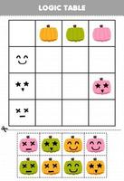 Education game for children logic table pumpkin and face emotion halloween printable worksheet vector