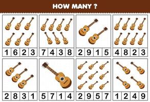 Education game for children counting how many objects in each table of cartoon music instrument guitar printable worksheet vector