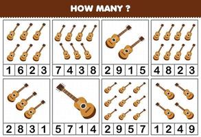 juego educativo para niños contando cuántos objetos en cada tabla de dibujos animados instrumento musical guitarra hoja de trabajo imprimible vector