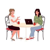 women with laptop at restaurant table vector