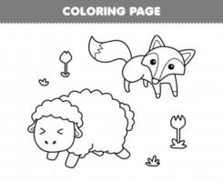 Education game for children coloring page of cute cartoon sheep and fox line art printable farm worksheet vector
