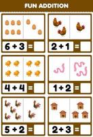 Education game for children fun addition by counting and sum of cute cartoon egg chicken hen chick rooster worm coop printable farm worksheet vector
