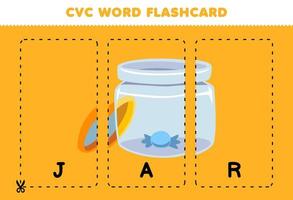 Education game for children learning consonant vowel consonant word with cute cartoon JAR illustration printable flashcard vector