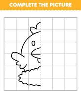 Education game for children complete the picture of cute cartoon chicken in the nest half outline for drawing printable farm worksheet vector