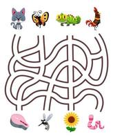 Maze puzzle game for children pair cute cartoon cat butterfly iguana chicken with the correct food printable worksheet vector