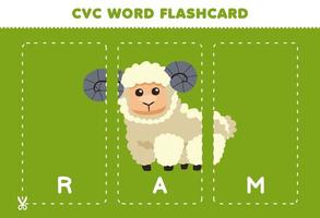 juego educativo para niños que aprenden consonante vocal consonante palabra con linda caricatura carnero oveja ilustración tarjeta flash imprimible vector