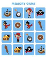 juego educativo para niños memoria para encontrar imágenes similares de lindos dibujos animados barco bomba loro cofre del tesoro sombrero espada de madera pirata niño disfraz halloween hoja de trabajo imprimible vector