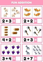 Education game for children fun addition by counting and sum of cute cartoon sheep fox log ax grape donkey printable farm worksheet vector