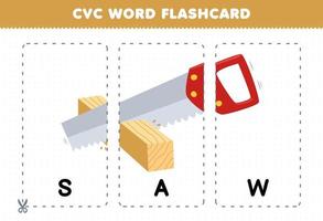 Education game for children learning consonant vowel consonant word with cute cartoon SAW illustration printable flashcard vector