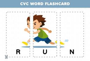 Education game for children learning consonant vowel consonant word with cute cartoon RUN illustration printable flashcard vector