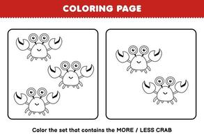 Education game for children coloring page more or less picture of cute cartoon crab line art set printable worksheet vector