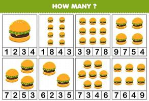 Education game for children counting how many objects in each table of cute cartoon burger printable worksheet vector