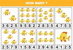 Education game for children counting how many objects in each table of cute cartoon fish animal printable worksheet