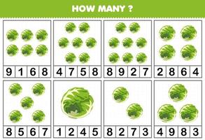Education game for children counting how many objects in each table of cute cartoon cabbage vegetable printable worksheet