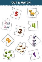 Education game for children cut piece of puzzle and match by number of cute cartoon cheetah rabbit koala eagle shell printable worksheet vector