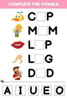 Education game for children complete the vowels of cute cartoon cap mom lip leg dad illustration printable worksheet vector